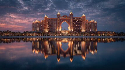 Fototapeta premium Atlantis the palm hotel reflecting in the water at dusk, dubai, united arab emirates, middle east