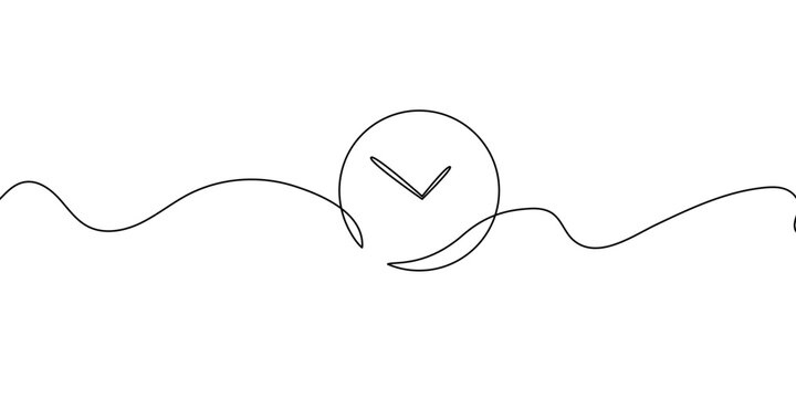 Continuous one-line drawing of a clock icon. Minimalist linear design representing time, schedule, and punctuality. Perfect for animations, infographics, productivity or time management concepts.