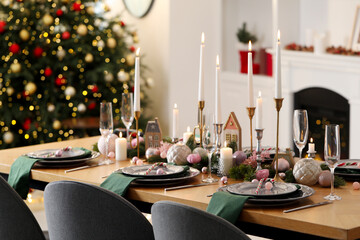 Festive table setting with Christmas decor at home