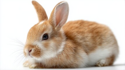 Fototapeta premium Cute brown rabbit resting calmly on a light background in a cozy setting