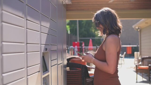woman at locker retrieving parcel near cafe seating, warm sunlight, relaxed postpurchase moment, compact locker rows, manual compartment opening, smiling profile, lifestyle commerce scene