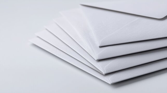 High-resolution photo of a stack of empty white envelopes on a white surface. Letter and communication concept.