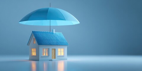 A miniature house under a protective umbrella, symbolizing home insurance and security in a blue setting