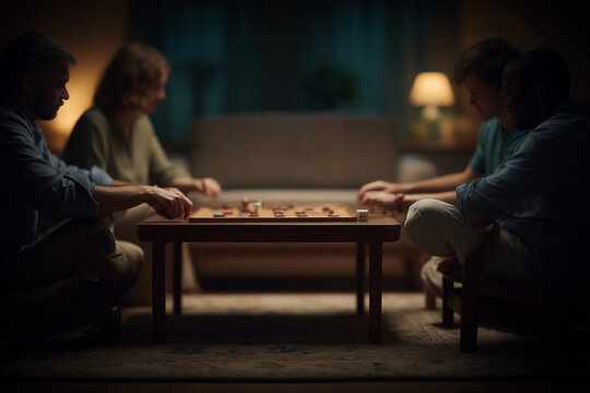 A cinematic close-up of an unbranded board game being played by adults. The dim lighting and shallow depth of field create an intimate and cozy atmosphere.