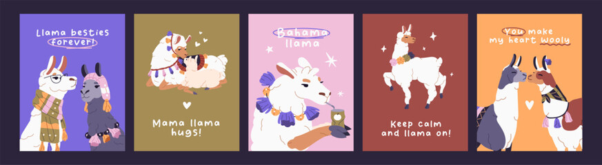 Naklejka premium Set of greeting cards with funny llamas. Postcards with cute alpacas. Layouts with lamas for Birthday, Women's and Valentine Day. Festive templates with dressed animals. Flat vector illustrations