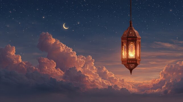 Golden lantern illuminates starry night, crescent moon shines above sunset clouds creating a serene Ramadan aesthetic, high quality design stock market image