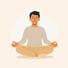 Man meditating with closed eyes in simple calm environment. Vector concept of relaxation, self-awareness, balance and inner peace.