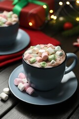 Tasty hot cocoa drink with marshmallows in cup on dark wooden table, closeup