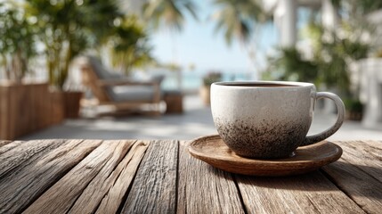 Obraz premium Morning coffee on a wooden table with a view of the ocean in a sunny room, inviting relaxation and warmth in a coastal setting