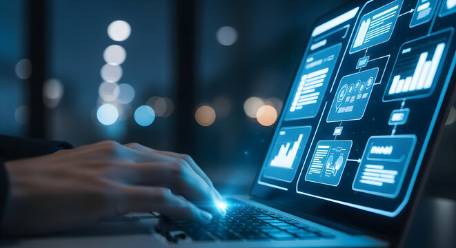 Close up of hands typing on a laptop displaying complex data analytics and charts