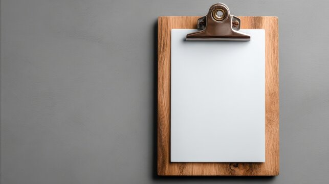 Wooden clipboard with blank paper isolated on gray background, top view, copy space