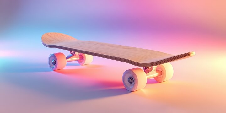A skateboard with a wooden deck and light pink wheels is illuminated by colorful lights - Powered by Adobe