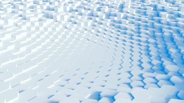  Wall of hexagons  background template repeating animation pattern, different levels and depth. Place for logo or product design. Backdrop for studio designs. White blue color mosaic perspective