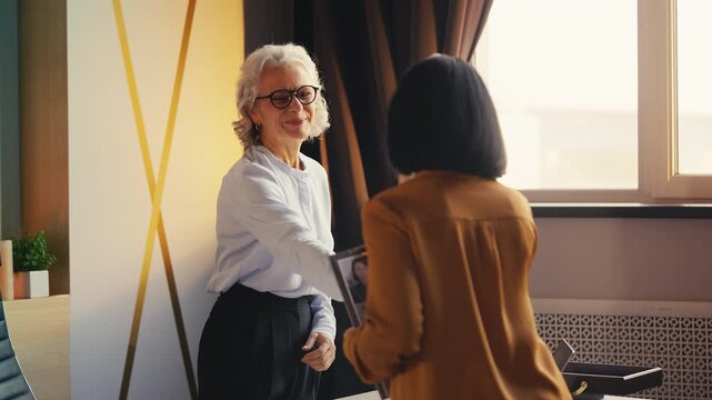 Friendly senior woman HR manager having meeting with female job candidate