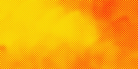 Bright pop art halftone gradient of intense red dots on a bright yellow background.soft transition, fading comic book style.