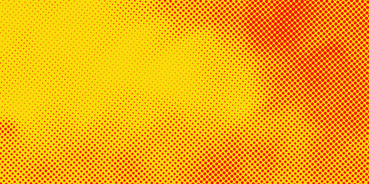 Bright pop art halftone gradient of intense red dots on a bright yellow background.soft transition, fading comic book style.