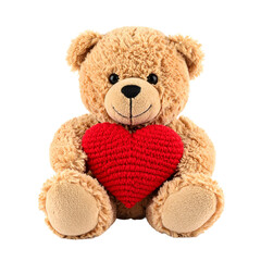 Fototapeta premium Cuddly Companion: A charming teddy bear clutches a vibrant red heart, embodying comfort, affection, and the spirit of love. A plush, huggable icon of sentimentality and tenderness.