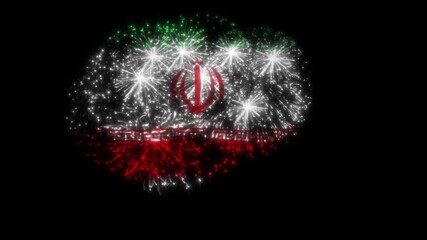 Iran Flag Fireworks Animation — Iranian National Day Celebration Fireworks — Tricolor Flag Shape Pyrotechnics on Black Background