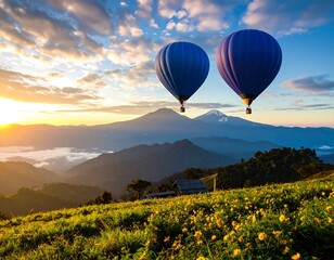 Naklejka premium Majestic Hot Air Balloons Soaring Over Breathtaking Mountain Landscape at Sunrise