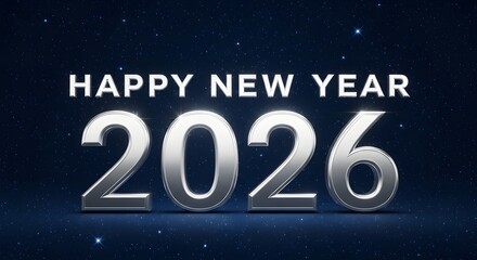Happy new year 2026 silver text effect on dark blue background