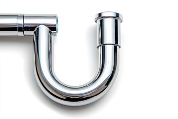 Chrome sink pipe viewed from above on white background, high-definition, clean, minimalist design