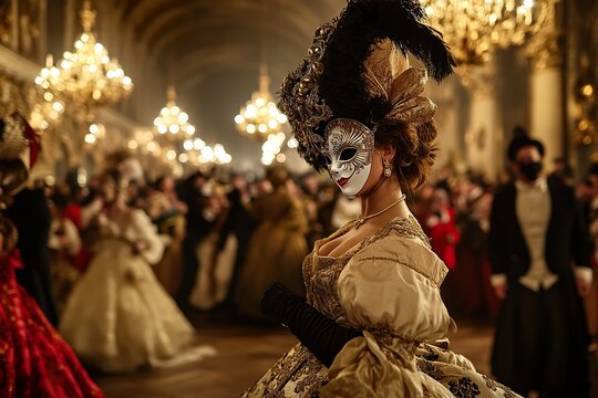 Woman in elaborate mask and gown at grand masquerade ball