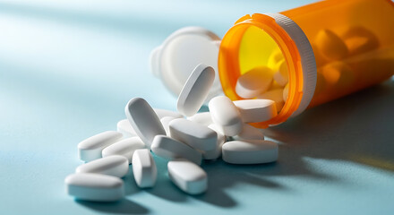 White oblong pills spill from an open prescription bottle on a blue surface.