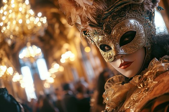 Person wearing ornate golden masquerade mask in elegant ballroom - Powered by Adobe