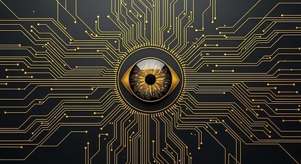 Artificial Intelligence Eye Surveillance Technology Golden Futuristic Circuit Board Design