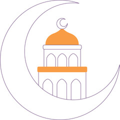 Islamic Mosque Silhouette Crescent Moon Purple Dotted Outline Orange Dome Building Islamic Culture Religious Celebration Ramadan Eid Mubarak Festive Event