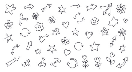 Fototapeta premium A collection of hand-drawn doodle elements including arrows, stars, flowers, and hearts, arranged in a scattered pattern on a white background.