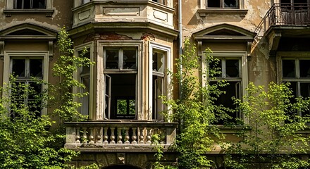 Abandoned old mansion facade with broken windows, overgrown vegetation, and decaying architecture