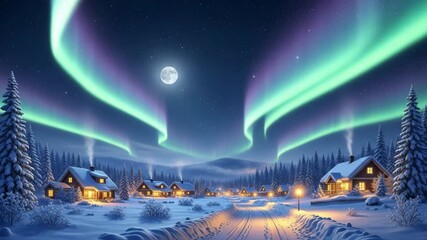 Northern lights aurora borealis winter village snow covered cabins illuminated full moon night Arctic landscape magical sky green purple starry scenic wonderland

 - Powered by Adobe