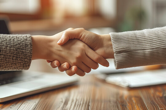 two professionals shaking hands over laptop, collaborative business agreement, brown and gray color scheme, flat design style, suitable for marketing materials, website banners, social media graphics - Powered by Adobe