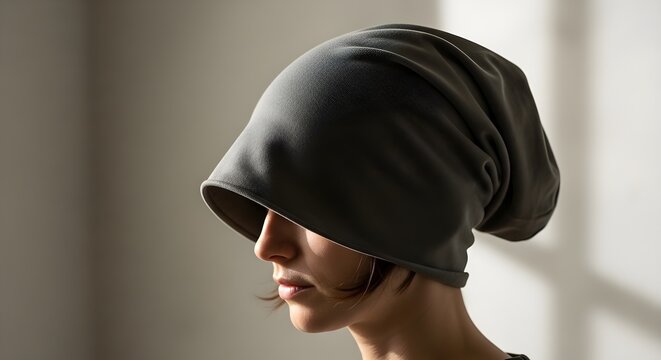 Woman wearing a gray beanie hat covering her face in a studio shot - Powered by Adobe