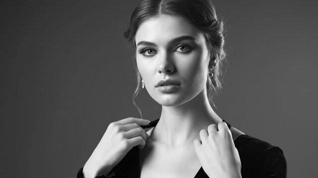 A captivating black and white studio portrait features a sophisticated young woman with a classic, elegant hairstyle, softly illuminated against a plain dark background. Her gaze is gently cast downwa