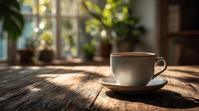 Morning coffee on a wooden table with a view of the ocean in a sunny room, inviting relaxation and warmth in a coastal setting - Powered by Adobe