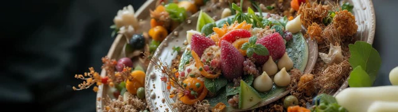 Gourmet fruit dessert plating with fresh strawberries and spices.