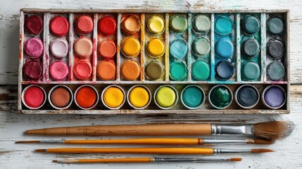Pastel watercolor paint flatlay on white wooden table presents brushes and colors used by artists for painting, creative projects, and artistic expressions