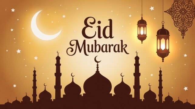 Islamic eid mubarak celebration with mosque crescent moon and lanterns - Powered by Adobe