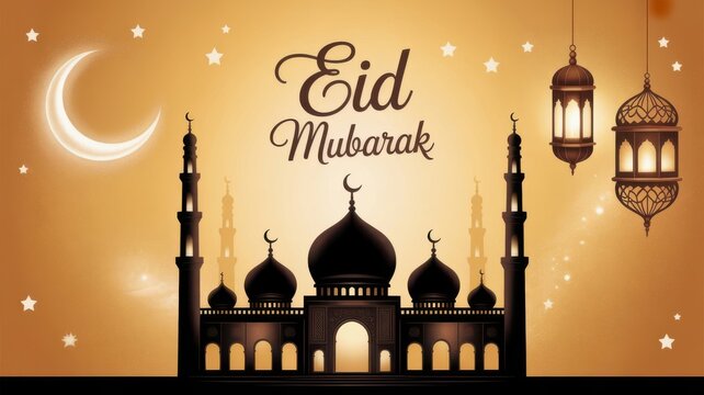 Islamic eid mubarak celebration with mosque crescent moon and lanterns