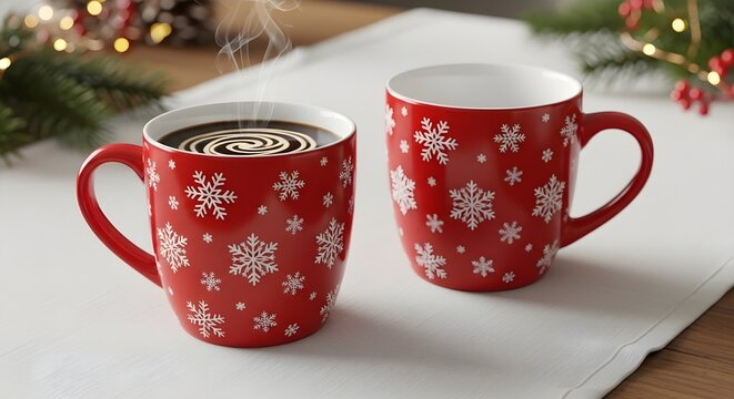 Two red snowflake mugs with hot chocolate on a white table cloth