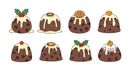 Fototapeta premium Christmas Pudding Set Outline Vector Illustration Holly Orange Dessert Food Icon