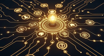 Glowing lightbulb surrounded by tech icons and circuit board lines illustration