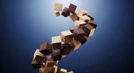 Wooden cubes in a spiral shape on a blue background, a conceptual image