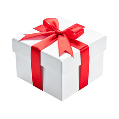 A Festive Offering: A pristine white gift box, elegantly adorned with a vibrant red ribbon and bow, symbolizes the spirit of generosity, joy, and celebration.
