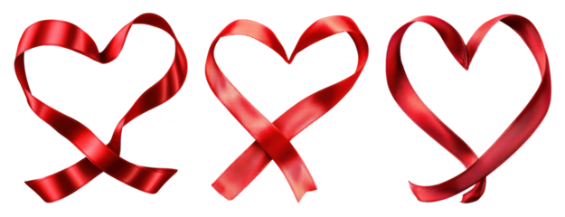 red ribbon into a romantic heart shape isolated on transparent background