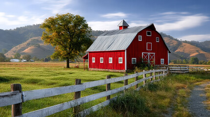 Obraz premium Serene Countryside Red Barn with White Fence Landscape Scene. Ai Generated Images