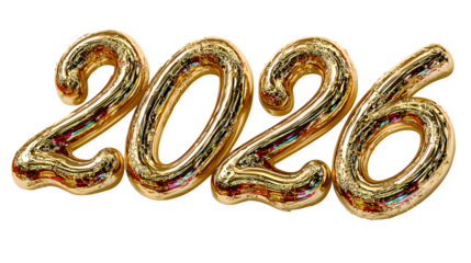 Elegant 2026 calligraphy text in liquid gold style with soft shadows and luxury aesthetic isolated on white background