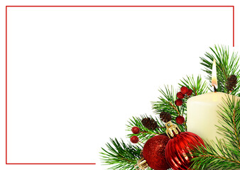 Christmas corner composition with pine twigs, candle and red balls with red frame isolated on white or transparent background
